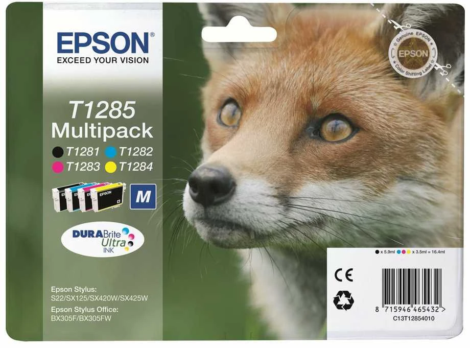 EPSON T1285 rašalo kasetė juoda ir trispalvė standartinė talpa 5,9 ml ir 3 x 3,5 ml 4 pakuočių lizdinė plokštelė be signalizacijos