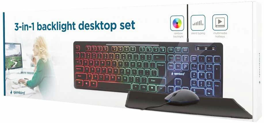 Gembird | 3-in-1 Backlight Desktop Set | KBS-UML-01 | Klaviatūra, Pelė and Pad Set | su laidu | su pele | US | Juodas