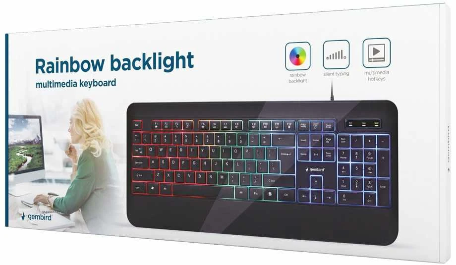 GEMBIRD KB-UML-03 Slim Rainbow apšvietimas multimedija klaviatūra juodas US išdėstymas