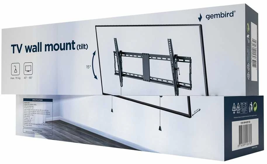 Gembird | Sieninis laikiklis | WM-90T-01 | Pakreipimas | 43–90" | Maksimalus svoris (talpa) 70 kg | Juodas