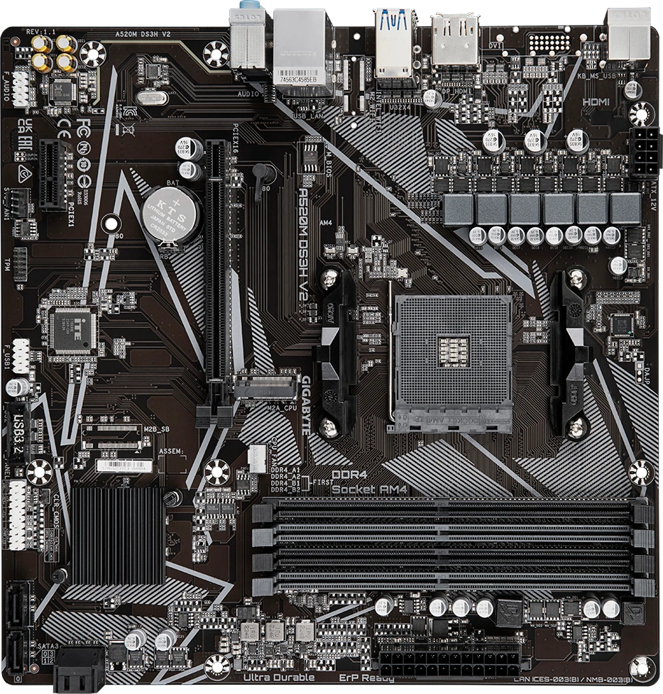 Pagrindinė plokštė Gigabyte A520M DS3H V2 (rev. 1.0), itin patvari pagrindinė plokštė su skaitmeniniu VRM sprendimu, GbE LAN, išmaniuoju ventiliatoriumi "Smart Fan 5" su FAN STOP funkcija