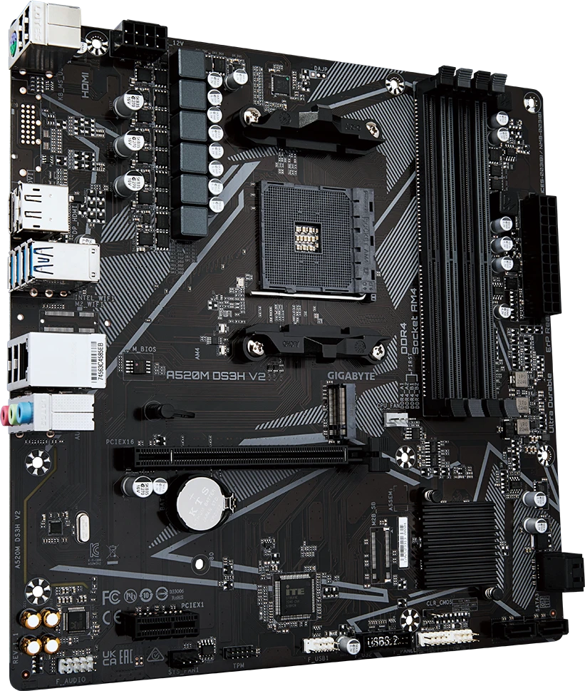 Pagrindinė plokštė Gigabyte A520M DS3H V2 (rev. 1.0), itin patvari pagrindinė plokštė su skaitmeniniu VRM sprendimu, GbE LAN, išmaniuoju ventiliatoriumi "Smart Fan 5" su FAN STOP funkcija