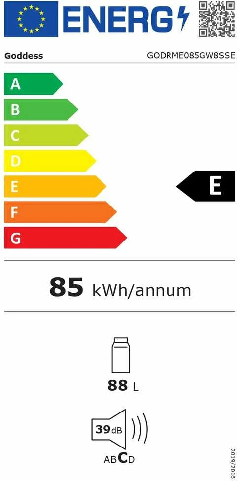 Goddess Šaldytuvas | GODRME085GW8SSE | Energy efficiency class E | Free standing | Larder | Height 85 cm | Šaldytuvas net capacity 88 L | 39 dB | Baltas