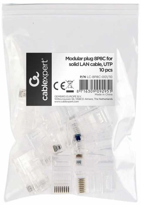Gembird Cablexpert Modulinis kištukas 8P8C kietam LAN kabeliui CAT5, UTP, 10 vnt. už maišelį | Modulinis 8P8C RJ45 kištukas, 30u“ auksiniu padengtas, 3 šakių vidiniai kontaktai, skirti naudoti su tvirtais LAN laidais