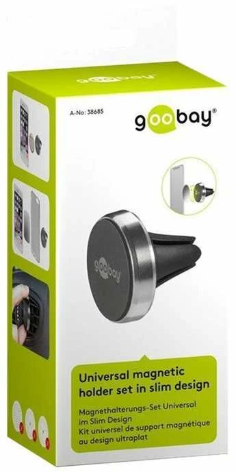 Goobay | Magnetinis laikiklis Metalinis plonas dizainas (35 mm) | 38685 | Juodas/Sidabrinis | Magnetinis laikiklis tinka beveik kiekvienam išmaniajam telefonui; Quick-Snap surinkimo technologija greitam ir paprastam naudojimui; Išmanus ir beveik nematomas tvirtinimo variantas ant automobilio ventiliacijos veleno; Puikiai tinka ir kaip stalinis stovas išmaniajam telefonui