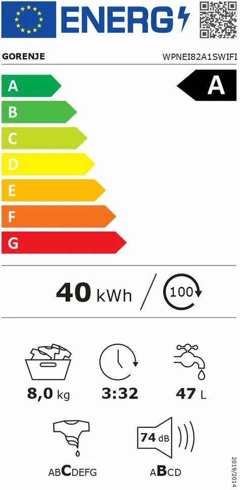 Gorenje | Skalbimo mašina | WPNEI82A1SWIFI | Energy efficiency class A | Front loading | Skalbimo talpa 8kg | 1200 RPM | Gylis 55 cm | Plotis 60 cm | Ekranas | LED | Steam function | Baltas