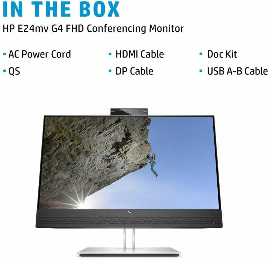 „Hewlett Packard (HP) HP E24mv G4 FHD“ konferencijų monitorius – 23,8 colio, 1920 x 1080 FHD, 250 nitų, 60 Hz, AG, IPS, HDMI/VGA/DisplayPort, 4 USB-A jungtys, garsiakalbiai, 5 MP internetinė kamera, reguliuojamo aukščio / pakreipimo / pasukimo / sukimosi funkcija, 3 metai