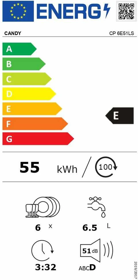 Candy Indaplovė | 6E51LS | Stalas | Plotis 55 cm | Indų komplektų skaičius: 6 | Programų skaičius: 8 | Energijos vartojimo efektyvumo klasė: E | Sidabrinis