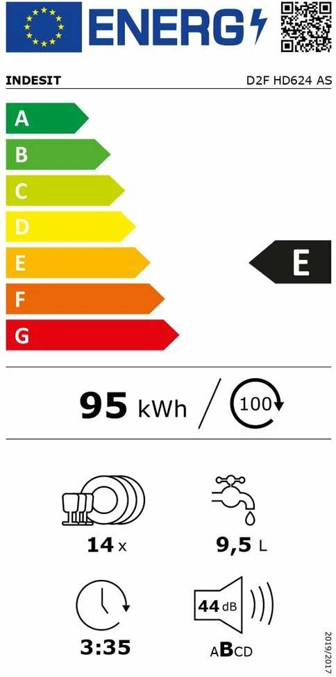 INDESIT Indaplovė | D2F HD624 AS | Free standing | Plotis 60 cm | Number of place settings 14 | Number of programs 9 | Energy efficiency class E | Ekranas | Sidabrinis
