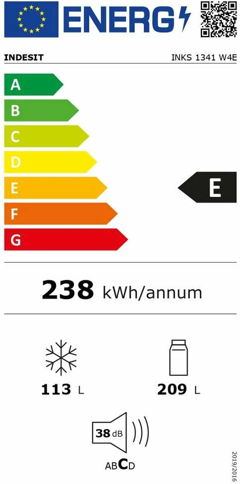 INDESIT Šaldytuvas | INKS 1341 W4E | Energy efficiency class E | Free standing | Combi | Height 173.6 cm | Šaldytuvas net capacity 209 L | Šaldiklis net capacity 113 L | 38 dB | Baltas