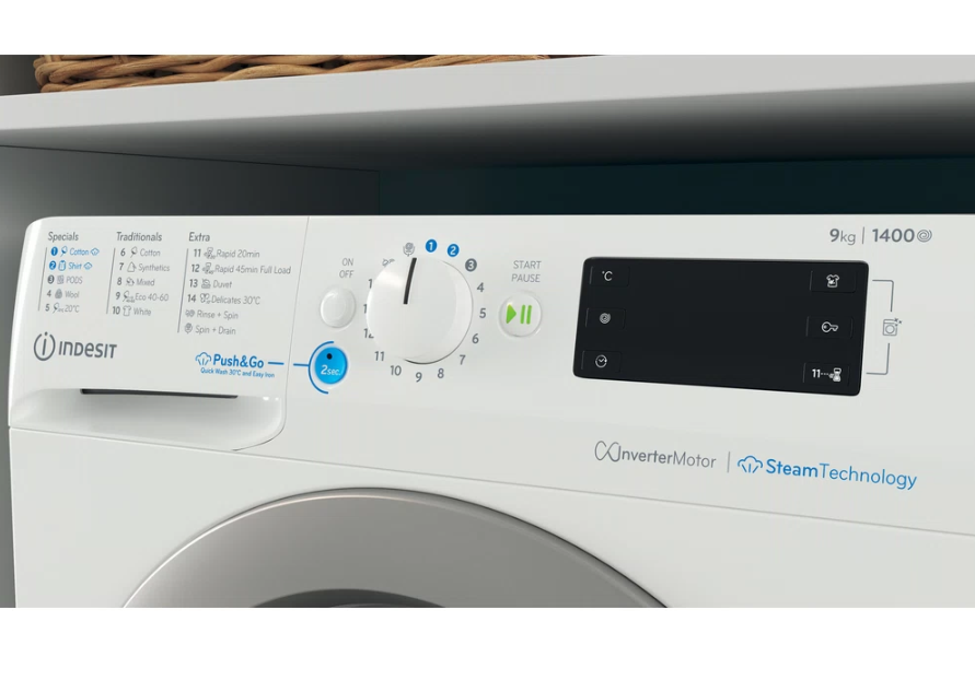 INDESIT | Skalbimo mašina | BWE 91496X WSV EE | Energy efficiency class A | Front loading | Skalbimo talpa 9kg | 1400 RPM | Gylis 63 cm | Plotis 59.5 cm | Digital | Baltas