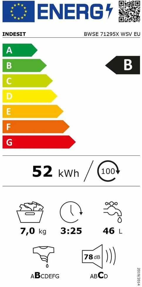 INDESIT | Skalbimo mašina | BWSE 71295X WSV EU | Energy efficiency class B | Front loading | Skalbimo talpa 7kg | 1200 RPM | Gylis 43.5 cm | Plotis 59.5 cm | Ekranas | Large digit | Baltas