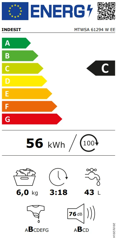 INDESIT | Skalbimo mašina | MTWSA 61294 W EE | Energy efficiency class C | Front loading | Skalbimo talpa 6kg | 1200 RPM | Gylis 42.5 cm | Plotis 59.5 cm | Ekranas | LED | Baltas