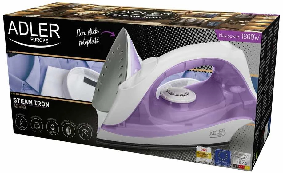 Lygintuvas | Adler | AD 5019 | With cord | 1600 W | Vanduo tank capacity 100 ml | Continuous steam 10 g/min | Violet/Baltas