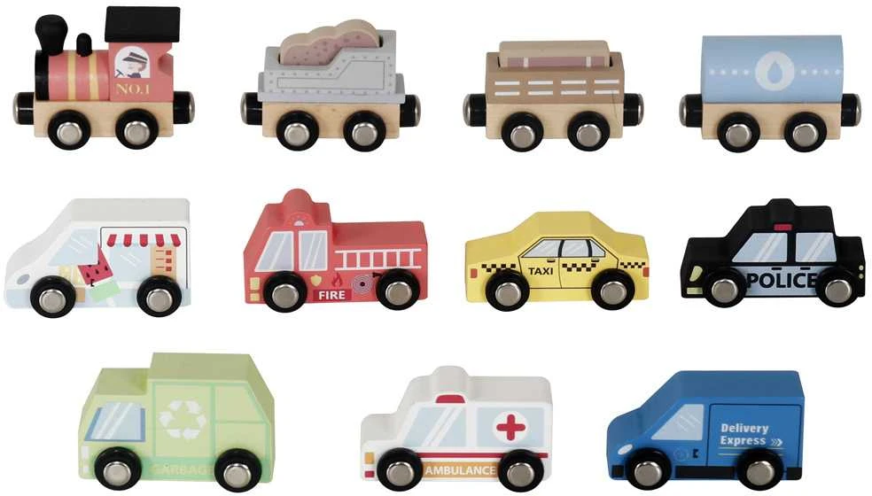 Jokomisiada Cars Medinių automobilių rinkinys Ugniagesių policijos taksi + kelio ženklų lentyna ZA5485