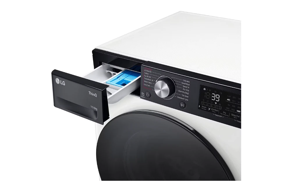 LG | Skalbimo mašina with Dryer | F4DR711S2H | Energy efficiency class A | Front loading | Skalbimo talpa 11 kg | 1400 RPM | Gylis 56.5 cm | Plotis 60 cm | Ekranas | LED | Drying system | Drying capacity 6kg | Steam function | Direct drive | Wi-Fi | Baltas