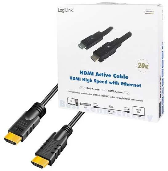 Logilink, CHA0020, 20m, Aktyvus, HDMI laidas, A tipo vyrelis, - HDMI tipo A vyriškas, juodas