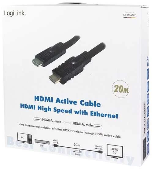 Logilink, CHA0020, 20m, Aktyvus, HDMI laidas, A tipo vyrelis, - HDMI tipo A vyriškas, juodas