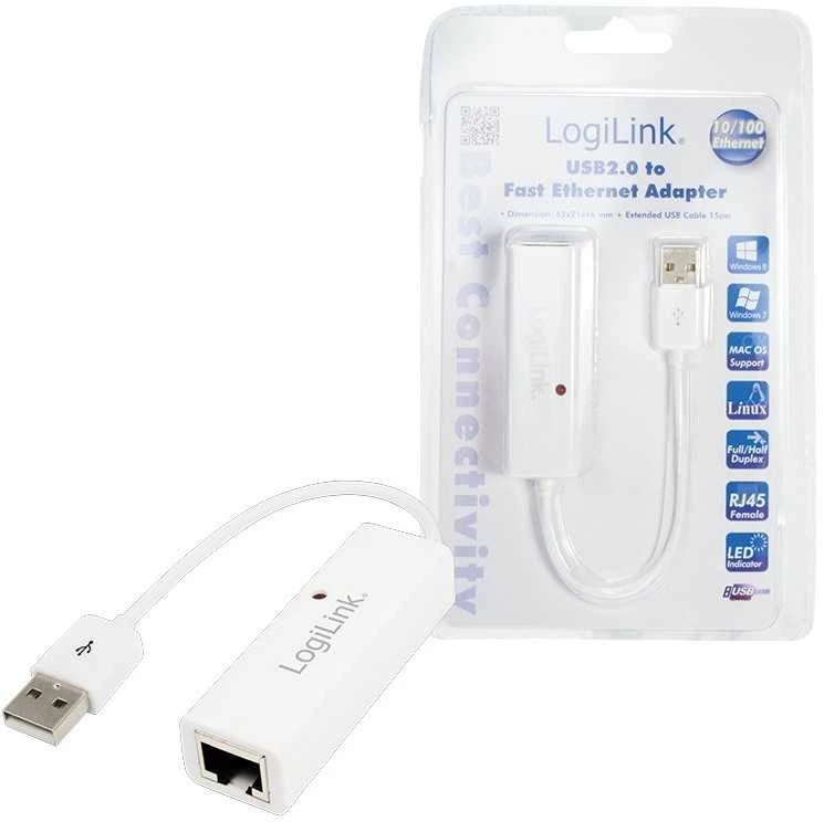 LogiLink Prisijungti | Greitasis Ethernet USB 2.0–RJ45 adapteris: | 0,115 m | Baltas | USB-A iki RJ45