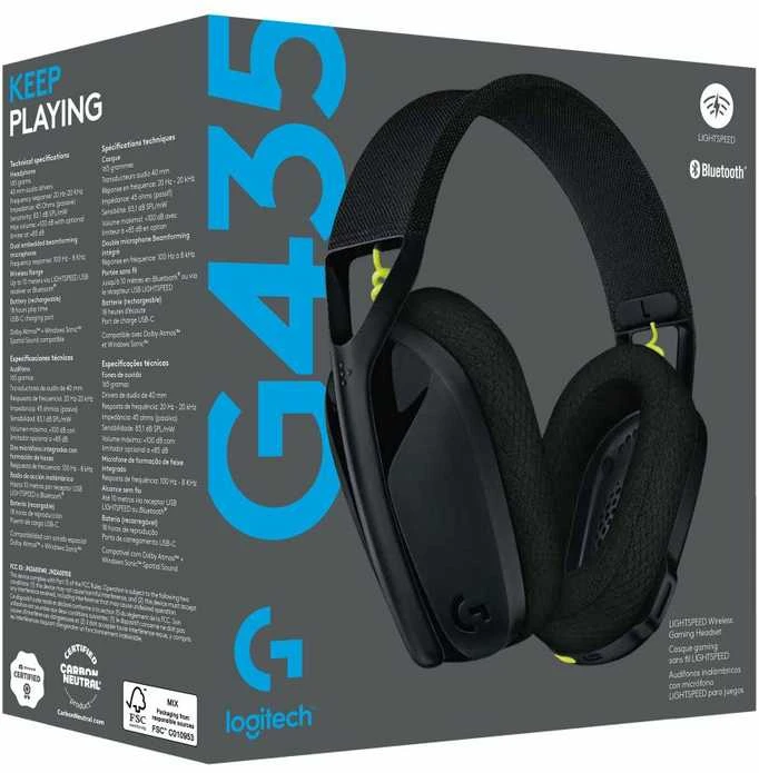 Žaidimų ausinės Logitech G435 Lightspeed, juodos/neoninės geltonos spalvos