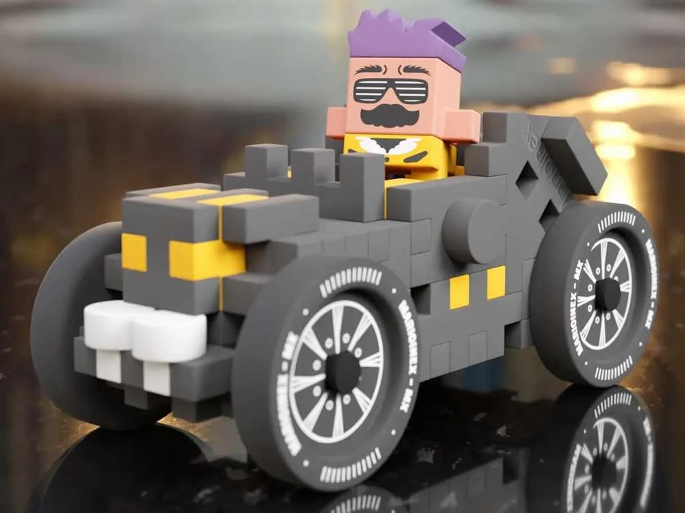 Marioinex Mini vaflinės kaladėlės pilkos spalvos automobilis 50vnt + figūrėlė