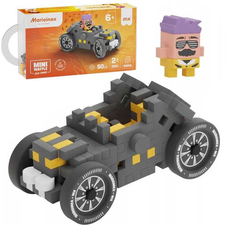 Marioinex Mini vaflinės kaladėlės pilkos spalvos automobilis 50vnt + figūrėlė
