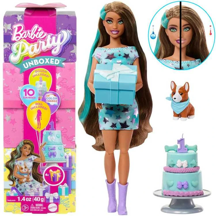 Mattel BARBIE PARTY UNBOXED REVEAL siurprizų rinkinys - tamsiaplaukė lėlė (JFG72)