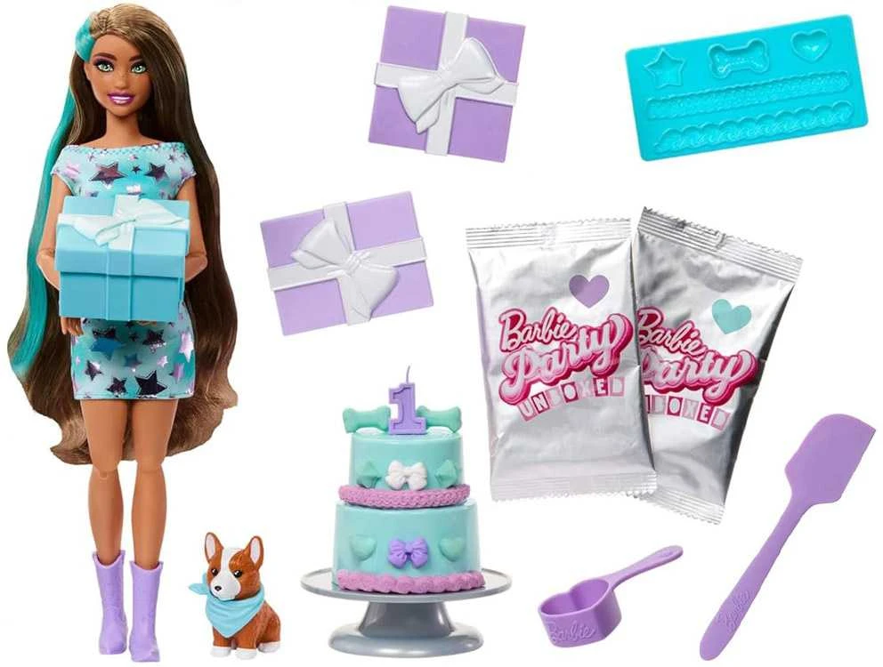 Mattel BARBIE PARTY UNBOXED REVEAL siurprizų rinkinys - tamsiaplaukė lėlė (JFG72)