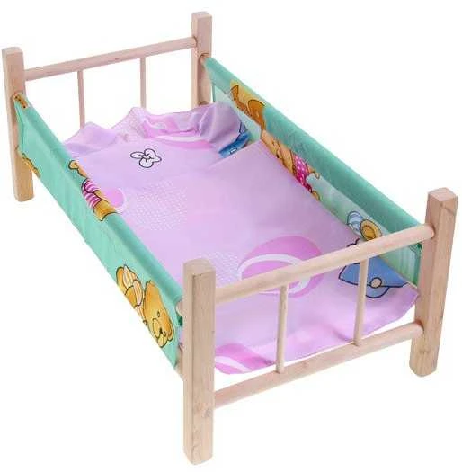 Malimas Medinė lova lėlėms 50 cm + patalynė