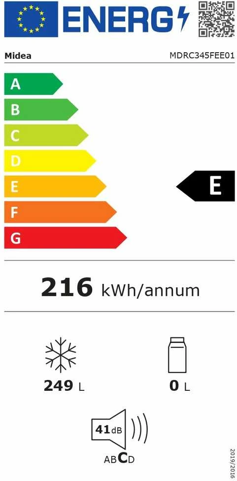 Midea Šaldiklis | MDRC345FEE01 | Energijos vartojimo efektyvumo klasė E | Komoda | Laisvai pastatoma | Aukštis 85 cm | Bendra grynoji talpa 249 l | Baltas