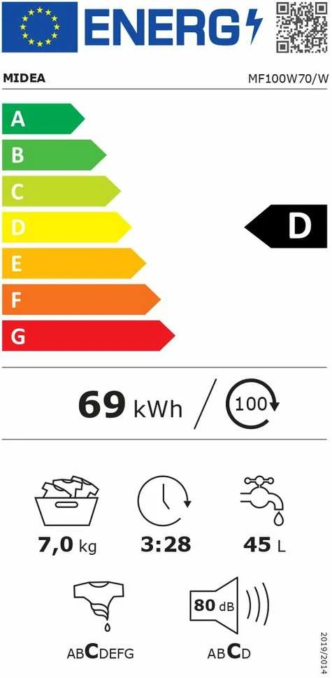 Midea | Skalbimo mašina | MF100W70/W | Energy efficiency class D | Front loading | Skalbimo talpa 7kg | 1200 RPM | Gylis 40 cm | Plotis 60 cm | Ekranas | LED | Baltas