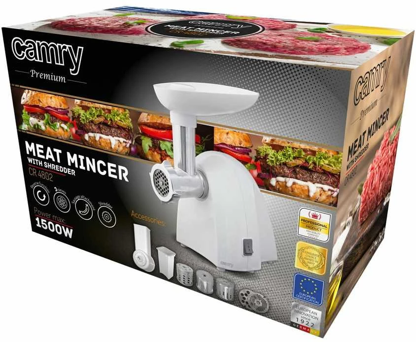 Mėsmalė Camry | CR 4802 | Baltas | 600-1500 W | Greičių skaičius 1 | Middle size sieve, mince sieve, poppy sieve, plunger, sausage filler, vegatable attachment.