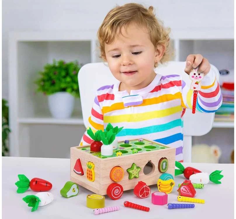 Dėlionė Jokomisiada Rūšiuotojas Montessori medinis vežimėlis pagauk kirmėlę morkų galvosūkis ZA5903