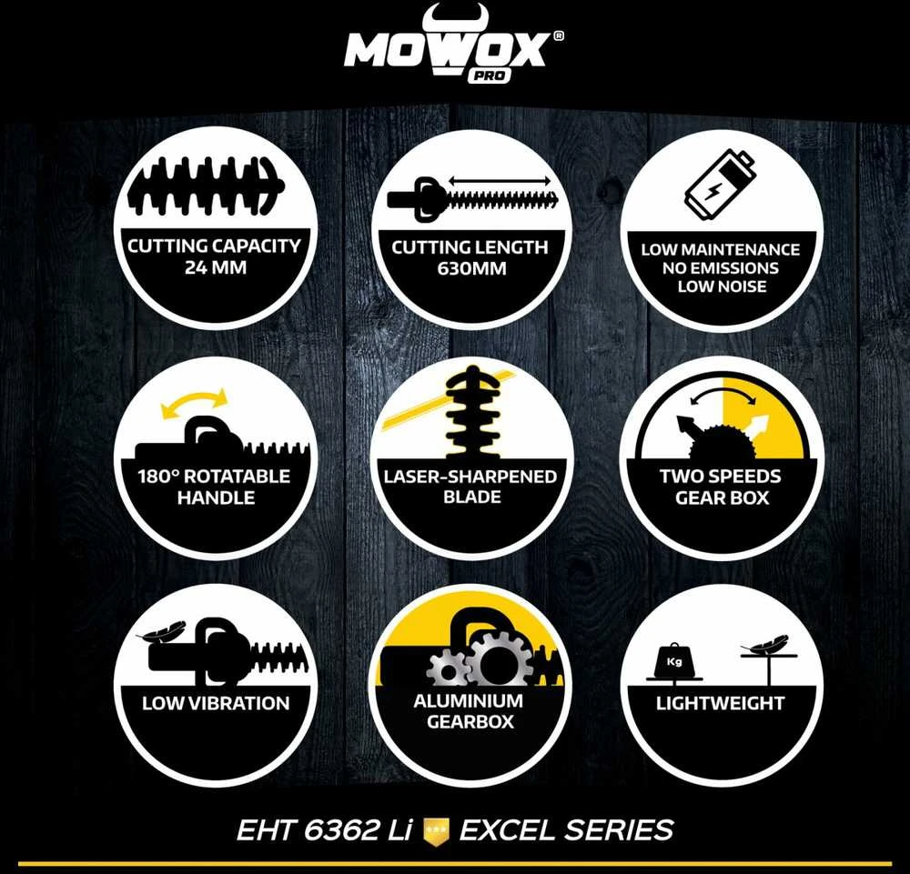 Mowox® EHT 6362 Li akumuliatorinės gyvatvorių žirklės (Be akumuliatoriaus ir kroviklio)
