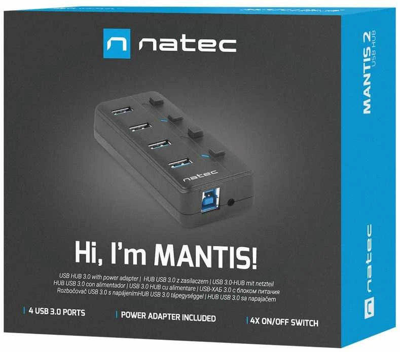 NATEC NHU-1557 Hub USB 3.0 Mantis2 4-jungtys on/off with AC Adapteris Juodas