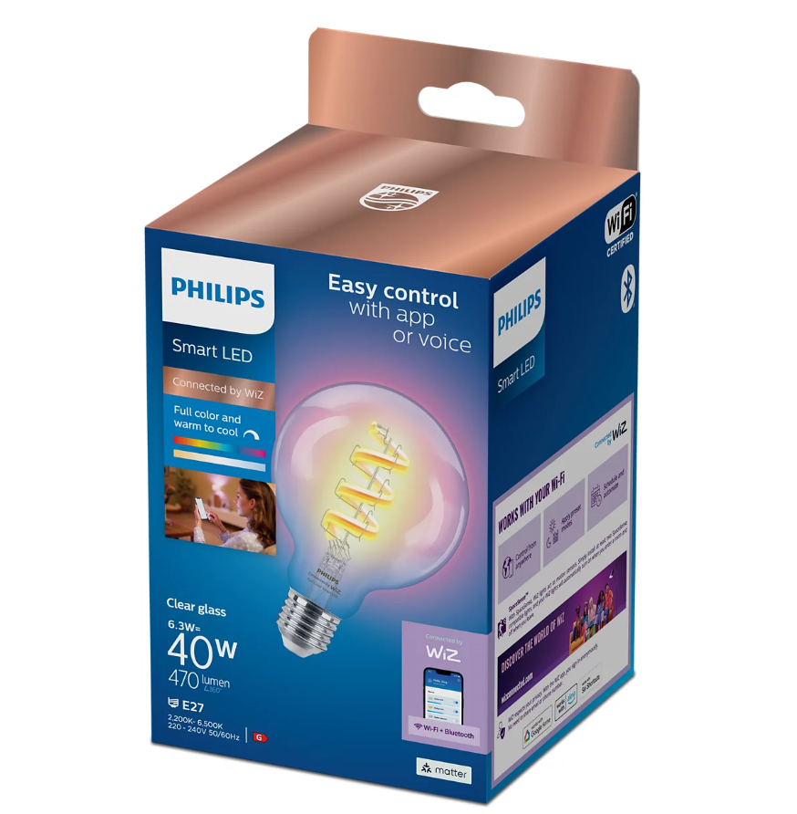 Lemputė Wiz Philips Smart WiFi Filament Clear G95 RGB | E27 | 6.3 W | Full colour