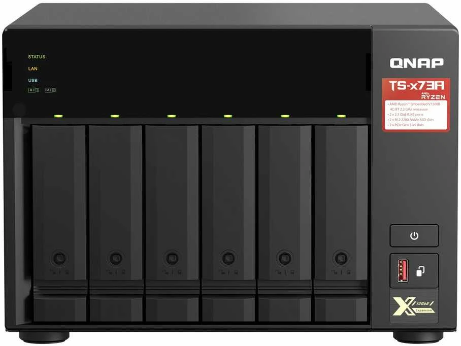 Serveris QNAP | 6 lizdų QTS ir QuTS hero NAS | TS-673A-8G | Iki 6 HDD/SSD su karšto keitimo funkcija | AMD Ryzen | Ryzen V1500B keturių branduolių | Procesoriaus dažnis 2,2 GHz | 8 GB | DDR4