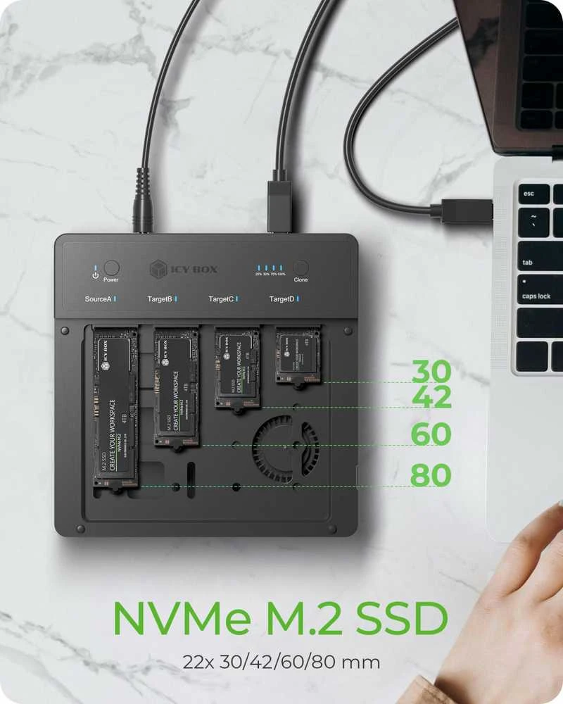 Icy Box „Raidsonic“ 4 skyrių USB4 dauginimo įrenginys (1:3 klonas), skirtas NVMe M.2 SSD | IB-4013MCL-C4