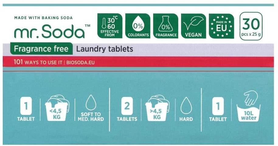 Soda | Skalbimo tabletės BE KVAPO, 30 vnt. x 25 g | mr. Soda