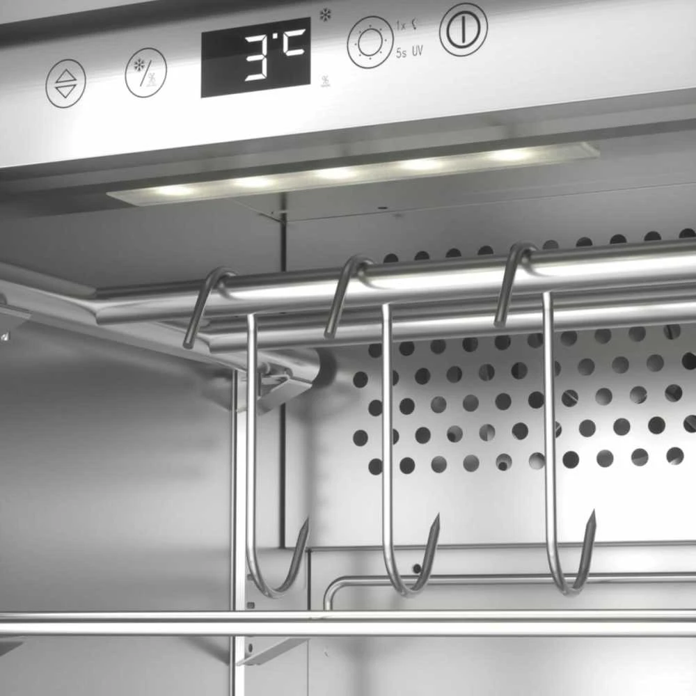 Caso | Sauso brandinimo spinta su kompresorine technologija | DryAged Master 63 | Energijos vartojimo efektyvumo klasė netaikoma | Maisto brandinimo spinta su kompresorine technologija | Laisvai pastatoma | Butelių talpa netaikoma | Aušinimo tipas: kompresorinė technologija | Nerūdijantis plienas