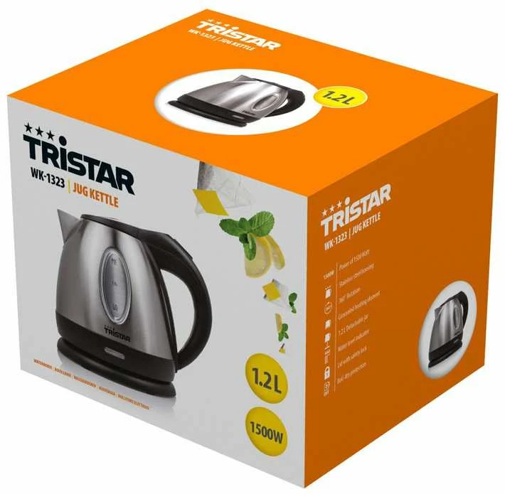 Tristar | Jug Virdulys | WK-1323 | Standard | 1500 W | 1.2 L | Nerūdijantis plienas | 360° rotational base | Sidabrinis