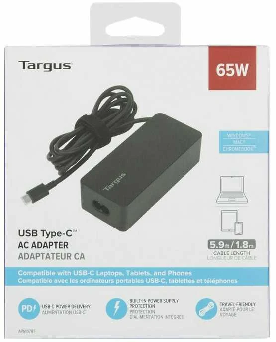 Targus | 65 W USB-C PD įkroviklis – skirtas nešiojamiesiems kompiuteriams arba maitinimo dokams
