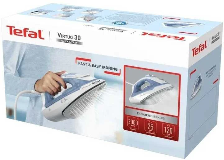 TEFAL Garų lygintuvas | FV2C41E0 Virtuo | Garų lygintuvas | 2000 W | Vanduo tank capacity 240 ml | Continuous steam 27 g/min | Steam boost performance 120 g/min | Mėlyna/Baltas