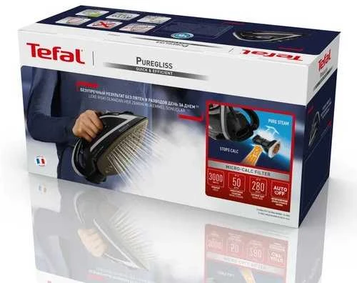 TEFAL | FV8062 Puregliss | Garinis lygintuvas | 3000 W | Vandens bako talpa 0,27 ml | Nuolatiniai garai 50 g/min | Garų pliūpsnis 280 g/min | Juoda/pilka