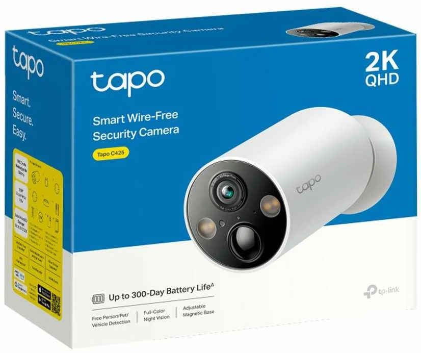 TP-LINK | Išmanioji belaidė apsaugos kamera | Tapo C425 | 24 mėn. | Kulka | 4 MP | F/2.1 | IP66 | H.264 | „MicroSD“, iki 512 GB