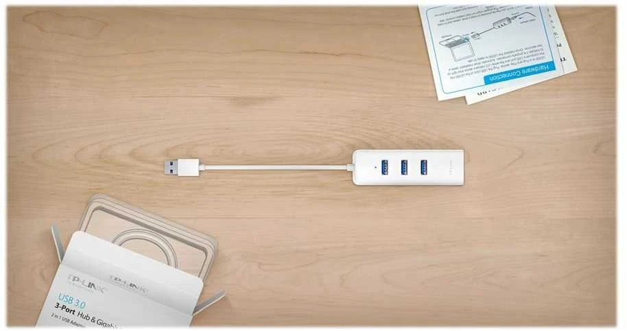 TP-LINK USB 3.0 į gigabito eterneto tinklo adapteris, 3 prievadų USB 3.0 šakotuvas, 1 USB 3.0 jungtis, 1 gigabito eterneto prievadas, 3 USB 3.0 jungtys