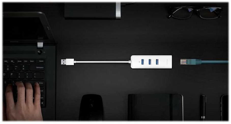 TP-LINK USB 3.0 į gigabito eterneto tinklo adapteris, 3 prievadų USB 3.0 šakotuvas, 1 USB 3.0 jungtis, 1 gigabito eterneto prievadas, 3 USB 3.0 jungtys