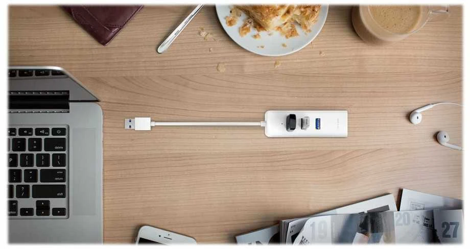 TP-LINK USB 3.0 į gigabito eterneto tinklo adapteris, 3 prievadų USB 3.0 šakotuvas, 1 USB 3.0 jungtis, 1 gigabito eterneto prievadas, 3 USB 3.0 jungtys