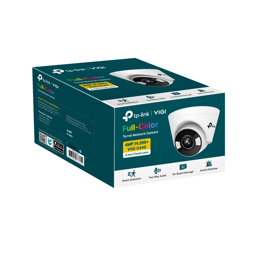 TP-LINK | VIGI 4MP visų spalvų bokštelio tinklo kamera | VIGI C440 | Kupolas | 4 MP | 4 mm | H.265+/H.265/H.264+/H.264 | MicroSD