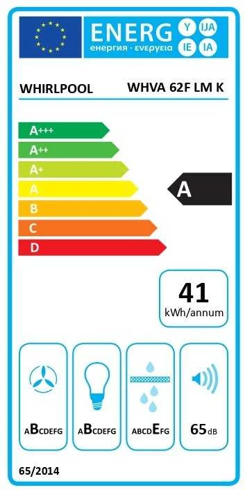 Gartraukis Whirlpool Hood | WHVA 62F LM K | Montuojamas prie sienos | Energijos vartojimo efektyvumo klasė A | Plotis 59,8 cm | 485 m³/h | Mechaninis | LED | Juodas